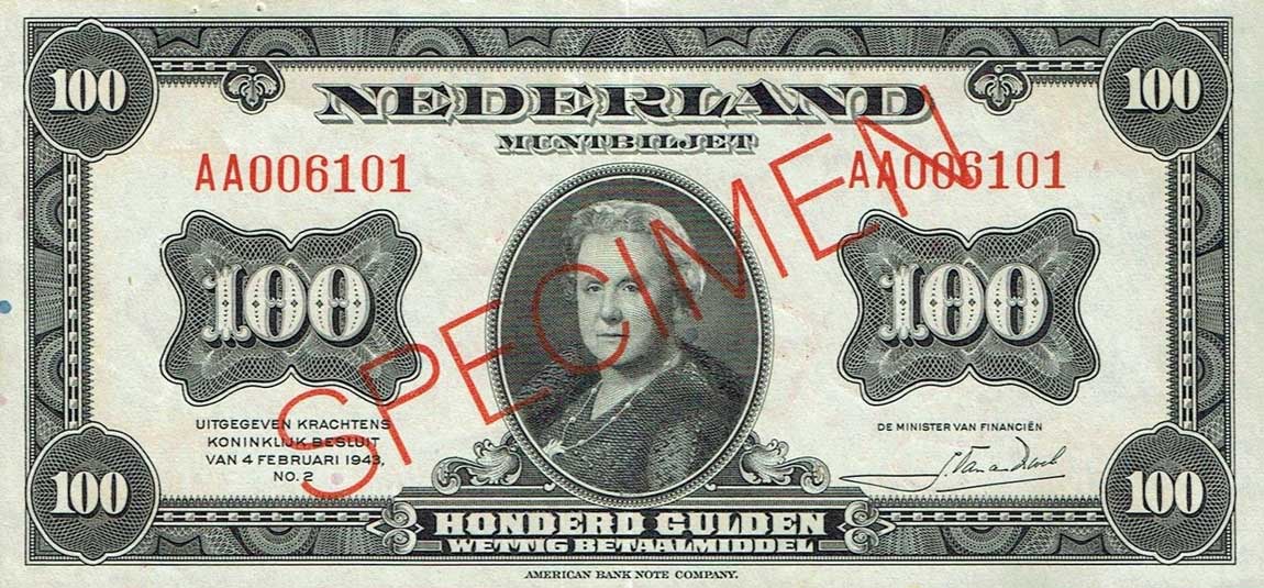 Front of Netherlands p69s: 100 Gulden from 1943