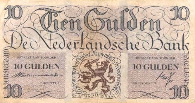 Front of Netherlands p74: 10 Gulden from 1945