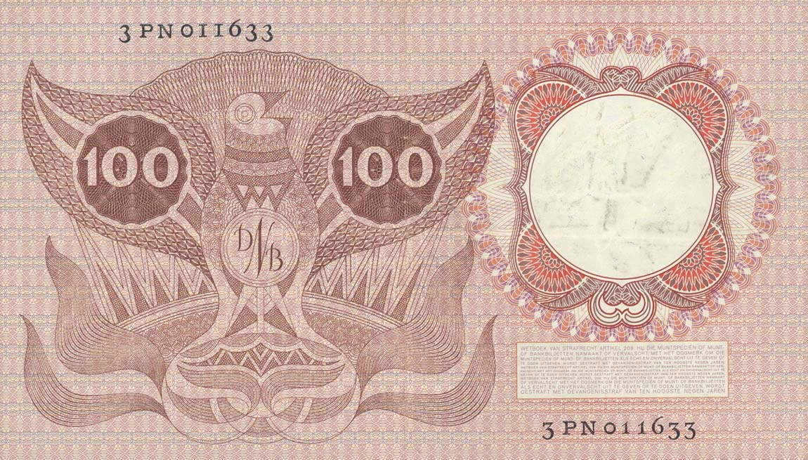 Back of Netherlands p88a: 100 Gulden from 1953