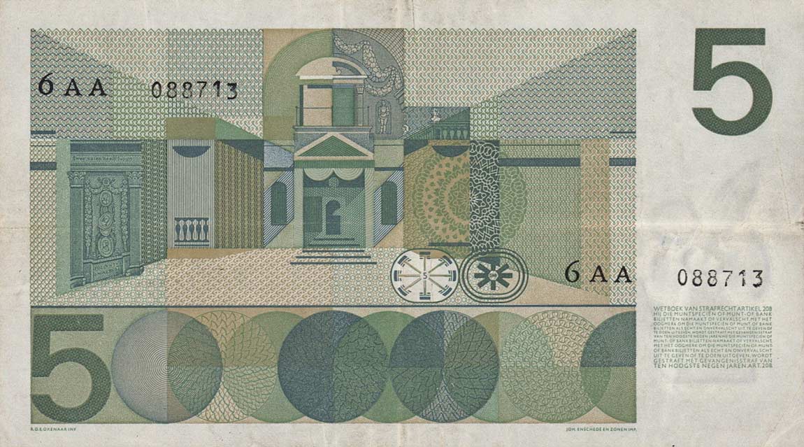Back of Netherlands p90c: 5 Gulden from 1966