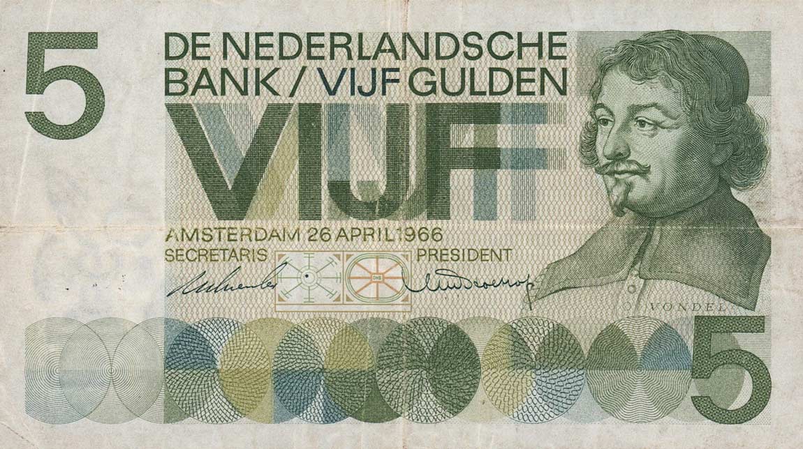Front of Netherlands p90c: 5 Gulden from 1966