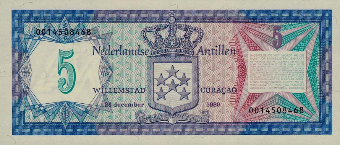 Back of Netherlands Antilles p15a: 5 Gulden from 1980