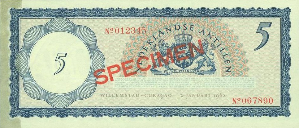 Back of Netherlands Antilles p1s: 5 Gulden from 1962