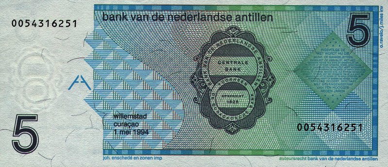 Back of Netherlands Antilles p22c: 5 Gulden from 1994