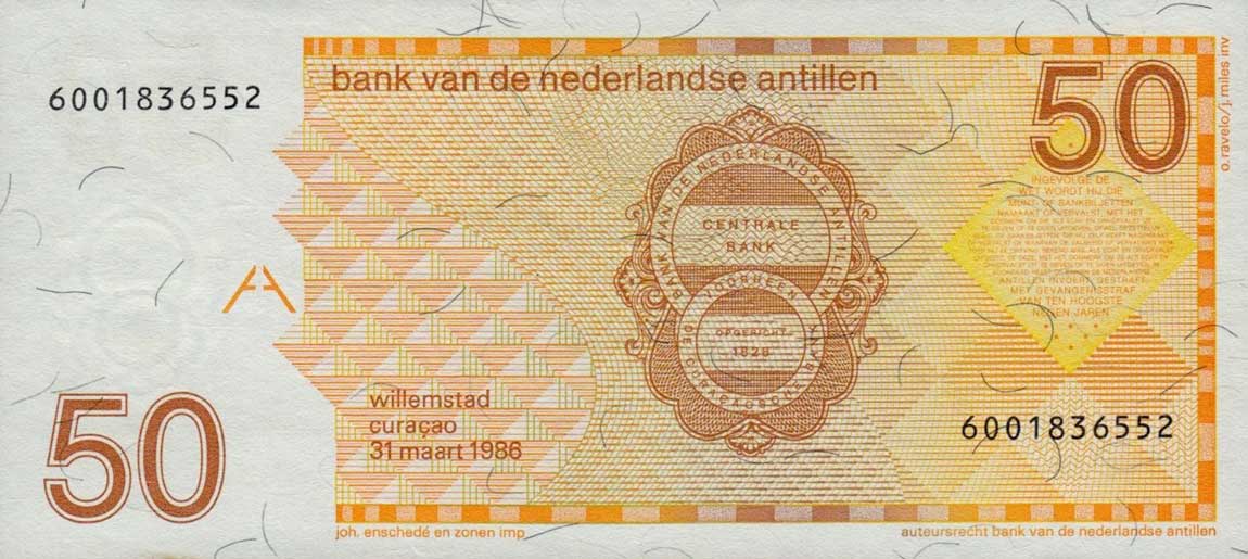 Back of Netherlands Antilles p25a: 50 Gulden from 1986