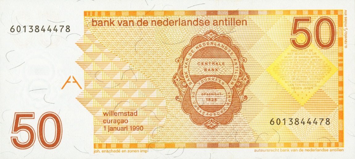 Back of Netherlands Antilles p25b: 50 Gulden from 1990