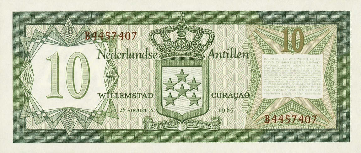 Back of Netherlands Antilles p9a: 10 Gulden from 1967