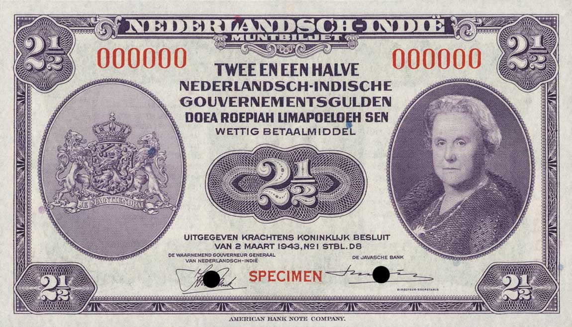 Front of Netherlands Indies p112s: 2.5 Gulden from 1943