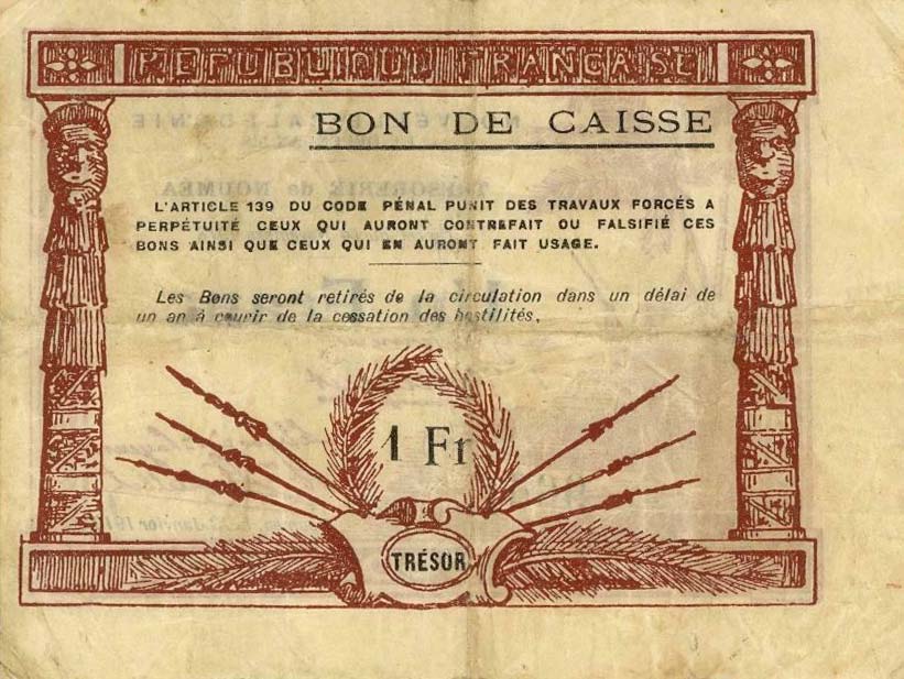 Back of New Caledonia p31: 1 Franc from 1918