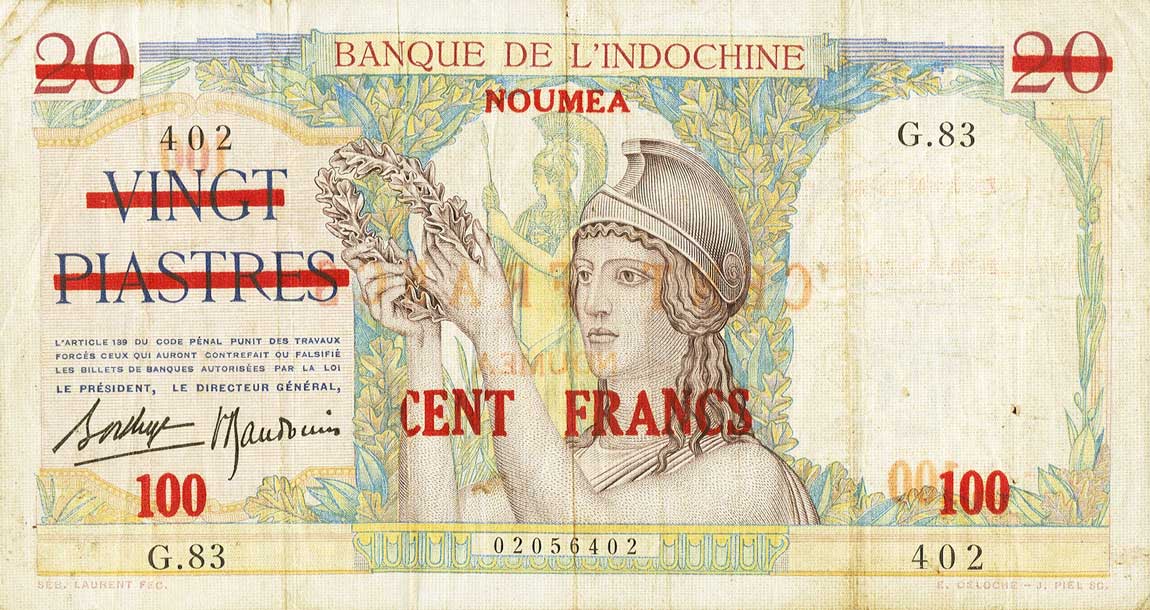 Front of New Caledonia p39: 100 Francs from 1939