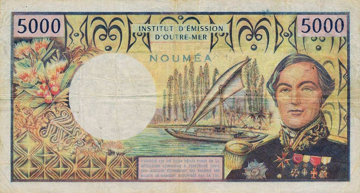 Back of New Caledonia p65c: 5000 Francs from 1982