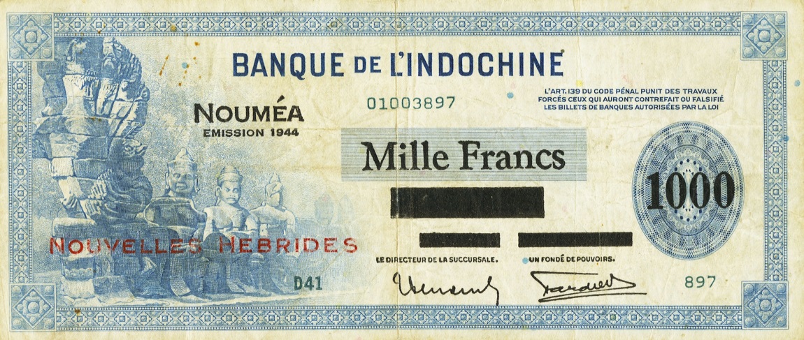 Front of New Hebrides p14: 1000 Francs from 1944
