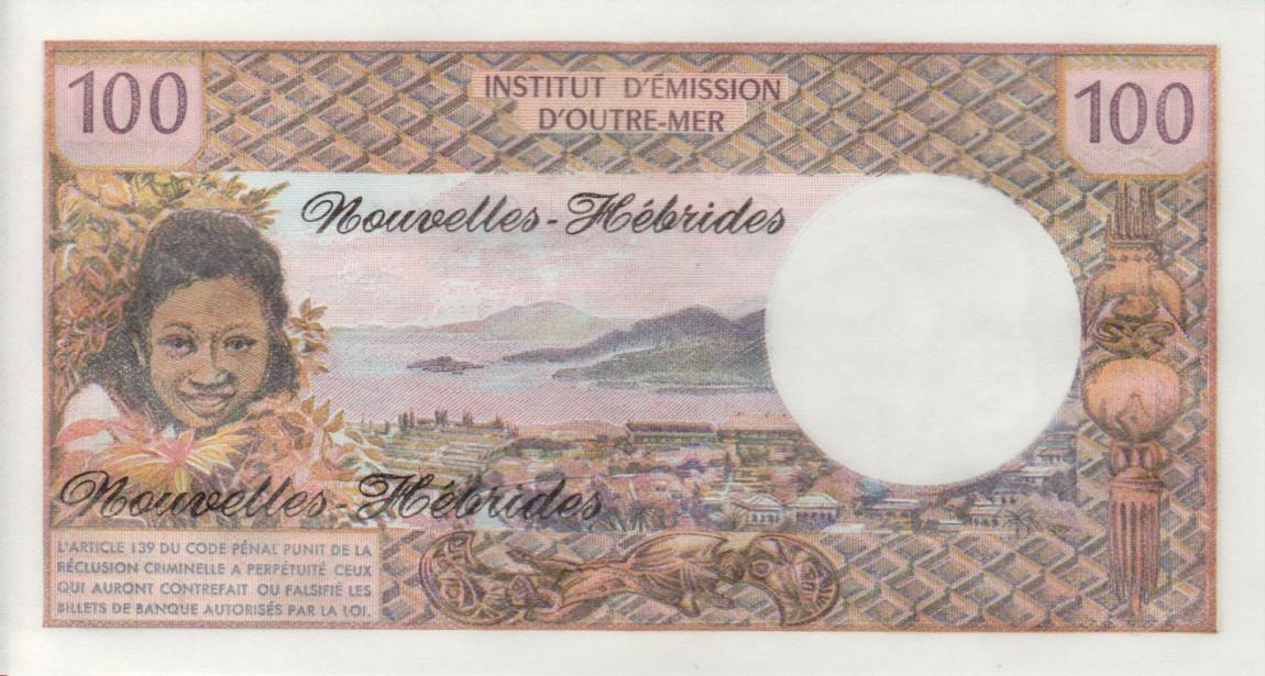 Back of New Hebrides p18d: 100 Francs from 1977