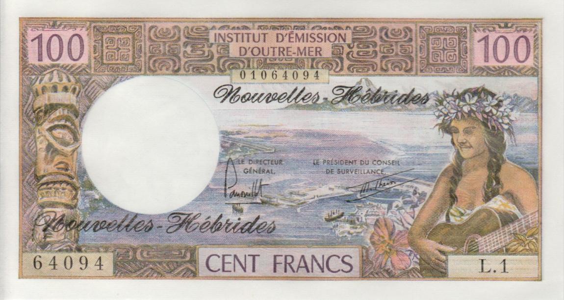 Front of New Hebrides p18d: 100 Francs from 1977