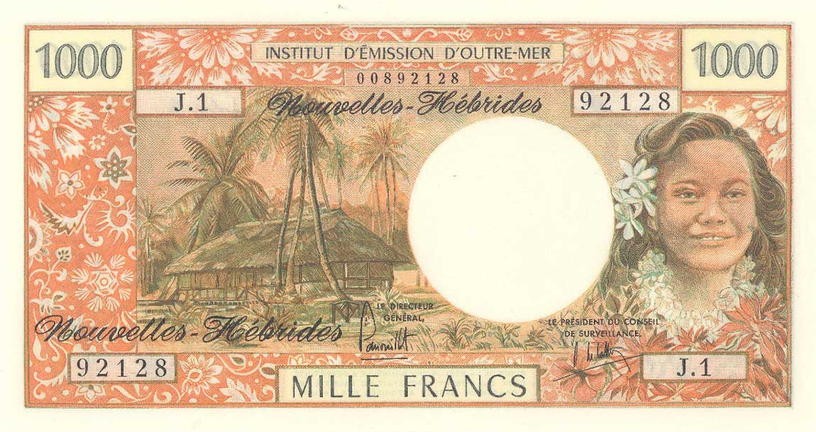 Front of New Hebrides p20b: 1000 Francs from 1975