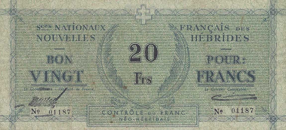 Front of New Hebrides p2: 20 Francs from 1943