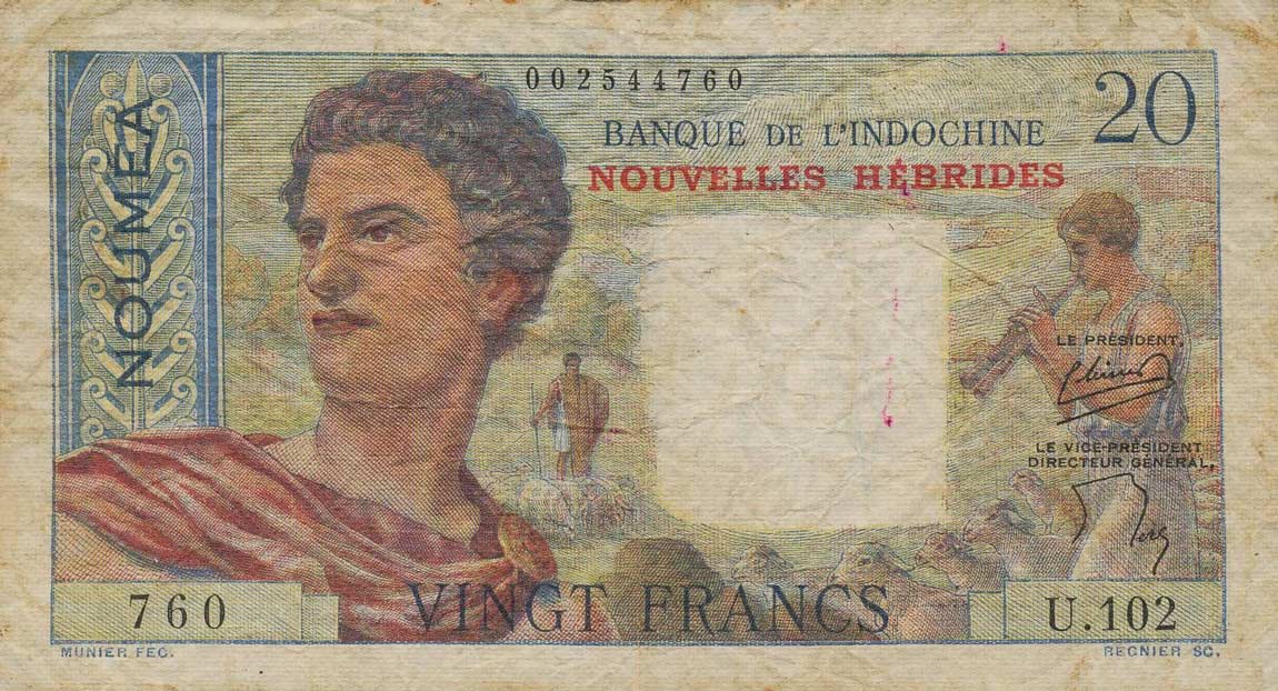 Front of New Hebrides p8a: 20 Francs from 1941