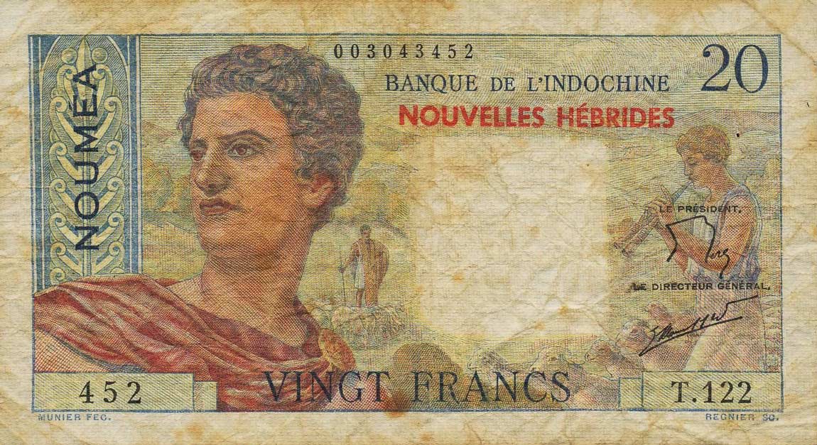 Front of New Hebrides p8b: 20 Francs from 1941