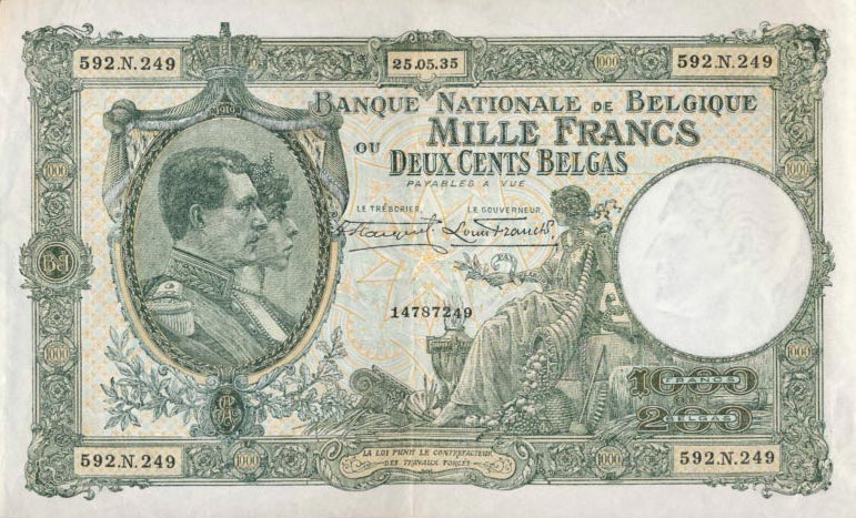 Front of Belgium p104: 1000 Francs from 1928
