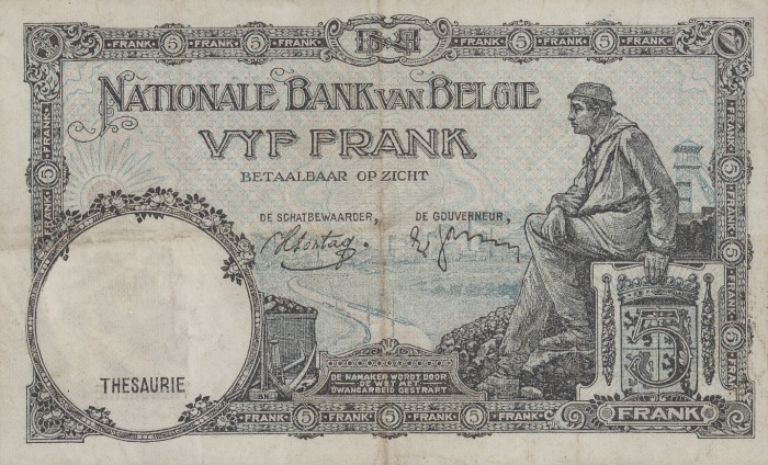 Back of Belgium p108a: 5 Francs from 1938