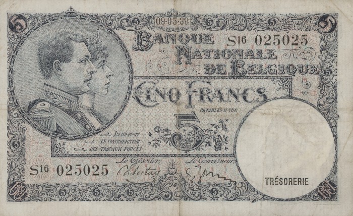 Front of Belgium p108a: 5 Francs from 1938