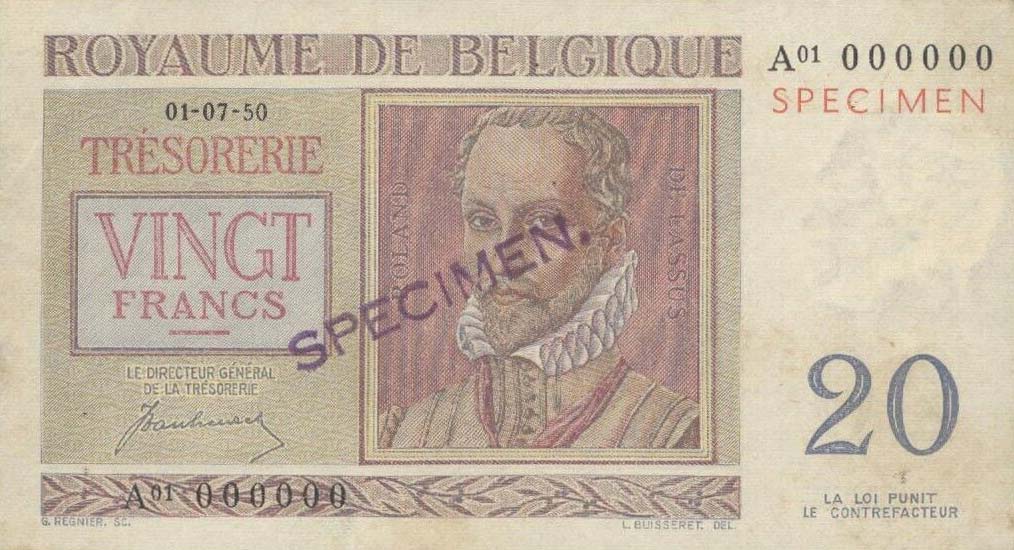 Front of Belgium p132s: 20 Francs from 1950