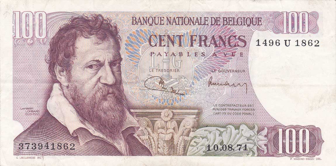 Front of Belgium p134c: 100 Francs from 1962
