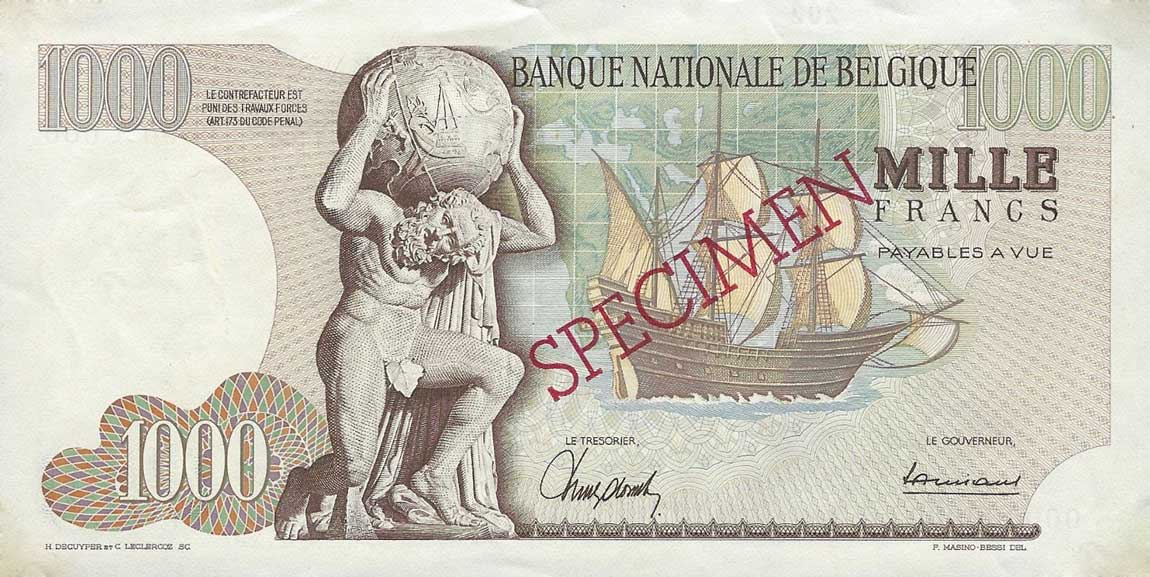 Back of Belgium p136s: 1000 Francs from 1961