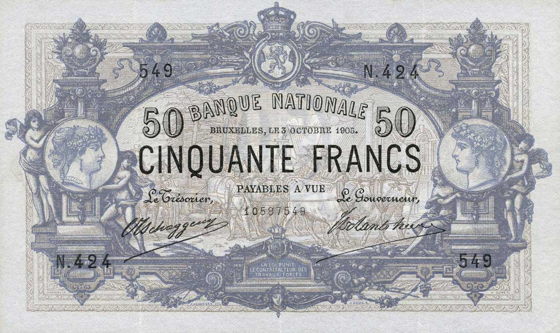 Front of Belgium p63f: 50 Francs from 1905