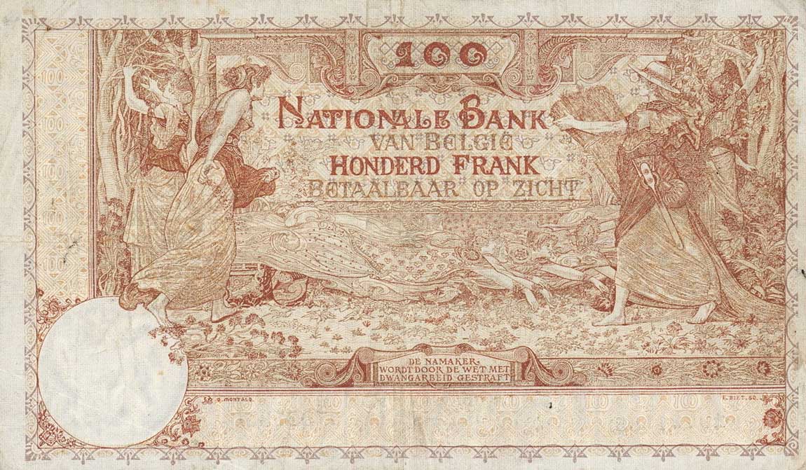 Back of Belgium p70: 100 Francs from 1906