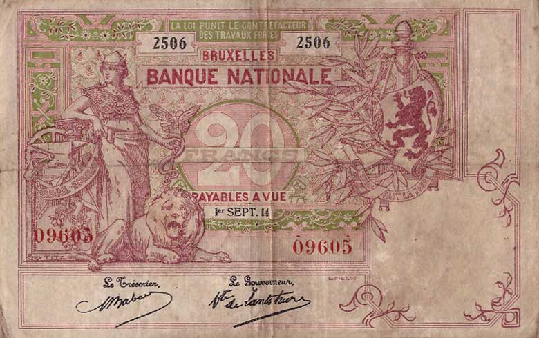 Front of Belgium p76: 20 Francs from 1914