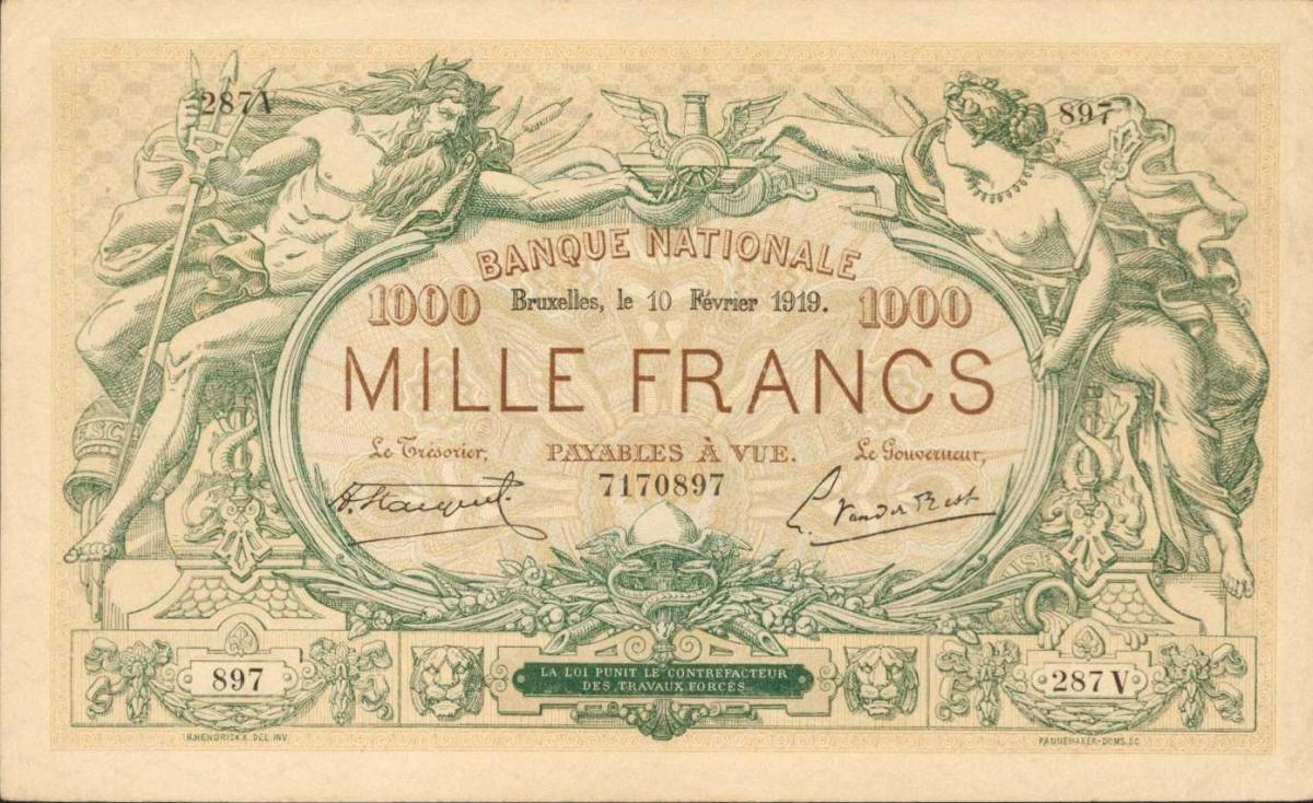 Front of Belgium p80: 1000 Francs from 1919