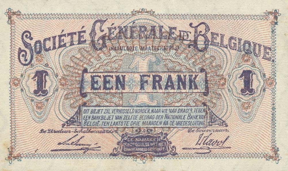 Back of Belgium p86a: 1 Franc from 1915