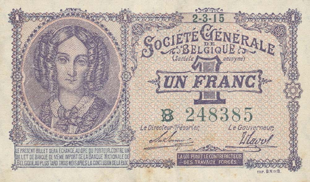 Front of Belgium p86a: 1 Franc from 1915