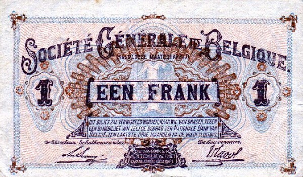 Back of Belgium p86b: 1 Franc from 1916