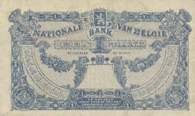 Back of Belgium p92: 1 Franc from 1920
