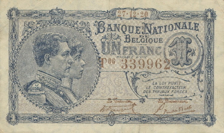 Front of Belgium p92: 1 Franc from 1920