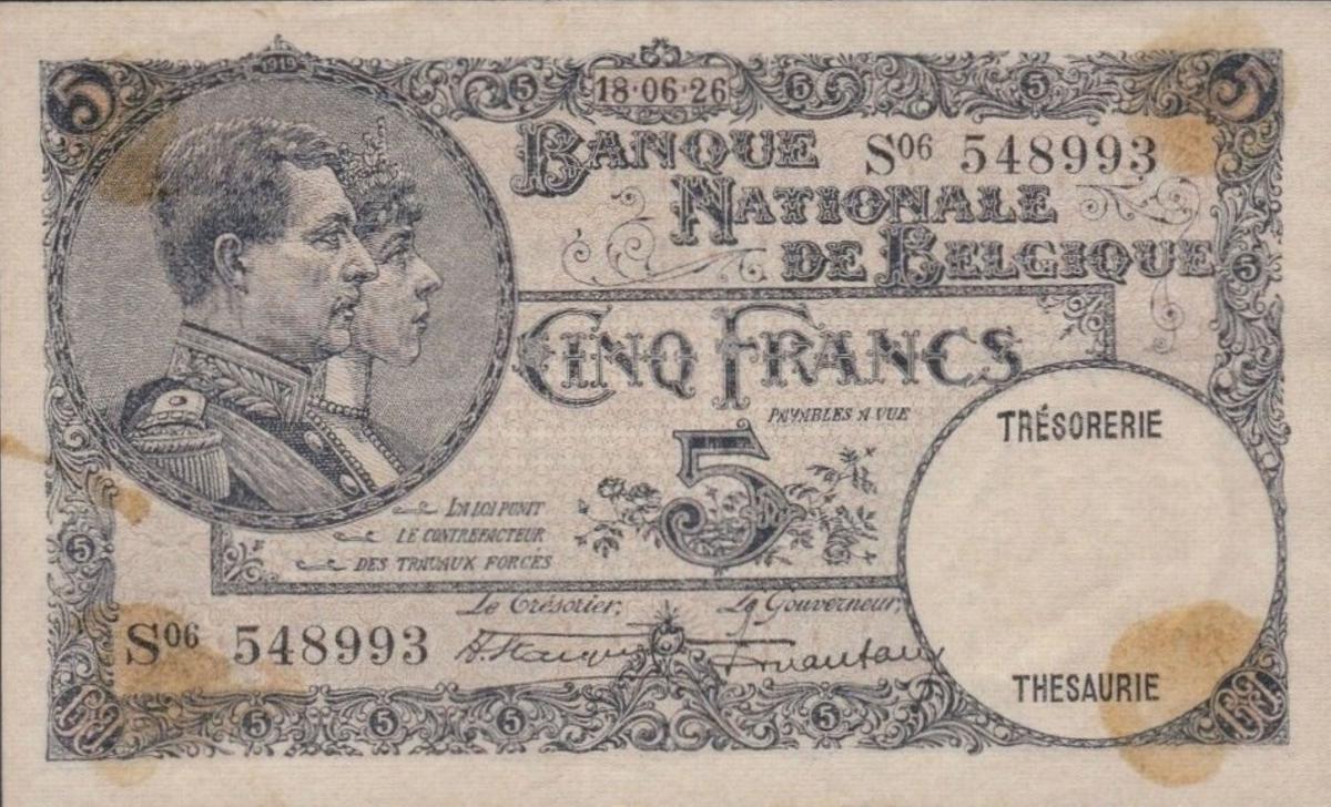 Front of Belgium p97a: 5 Francs from 1926