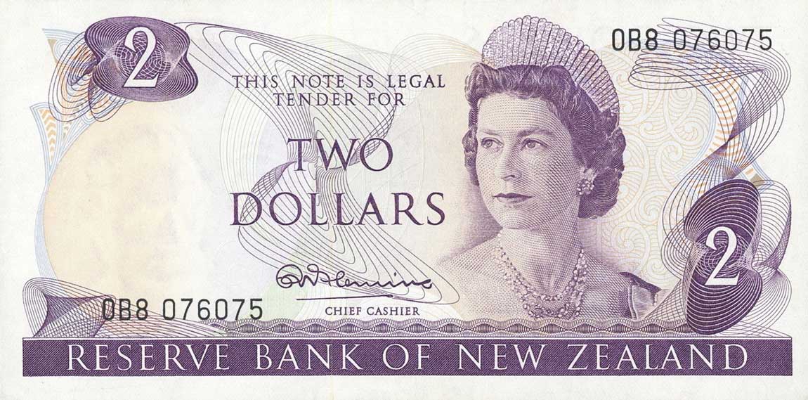 Front of New Zealand p164a: 2 Dollars from 1967