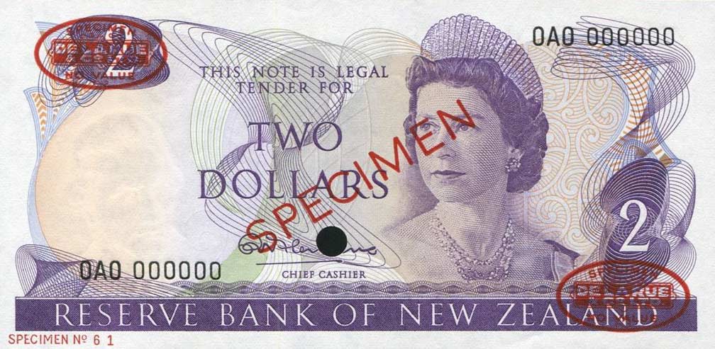 Front of New Zealand p164s: 2 Dollars from 1967