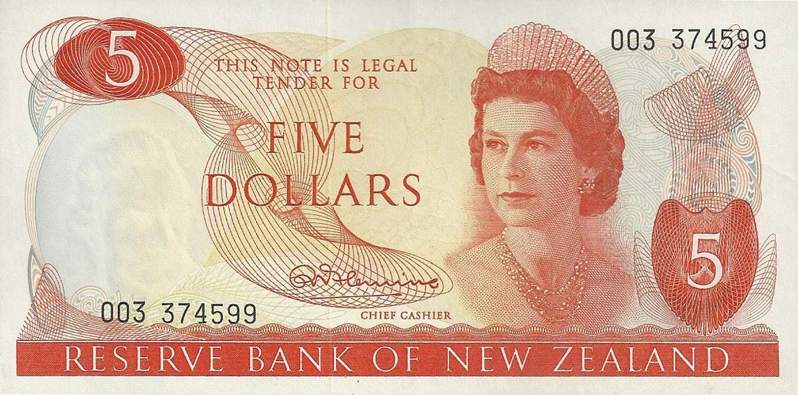 Front of New Zealand p165a: 5 Dollars from 1967