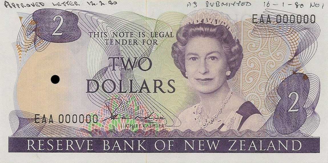 Front of New Zealand p170p: 2 Dollars from 1981
