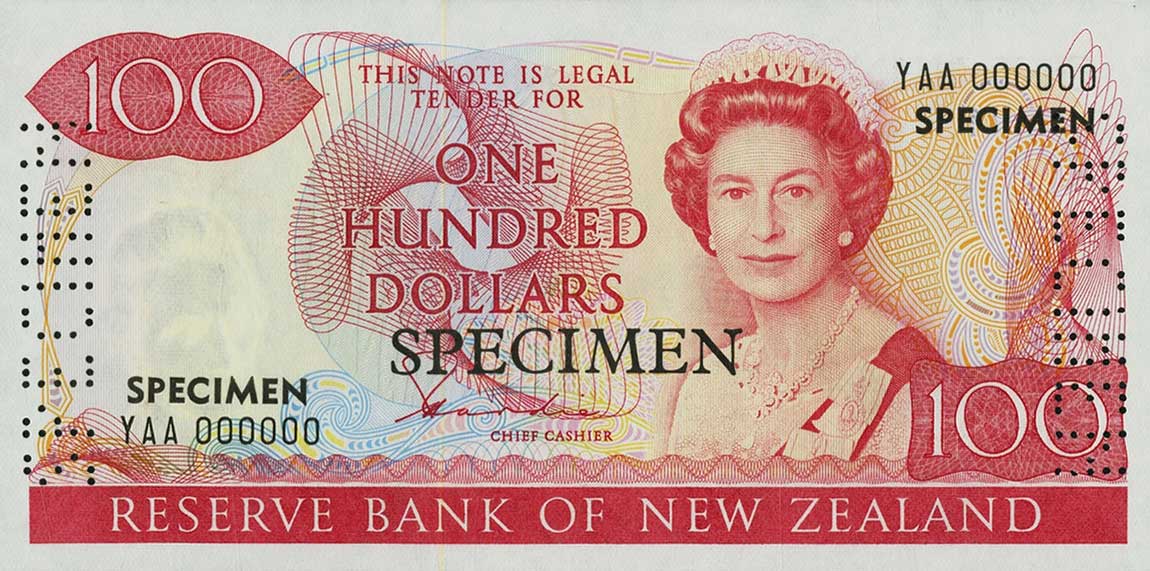 Front of New Zealand p175s: 100 Dollars from 1981