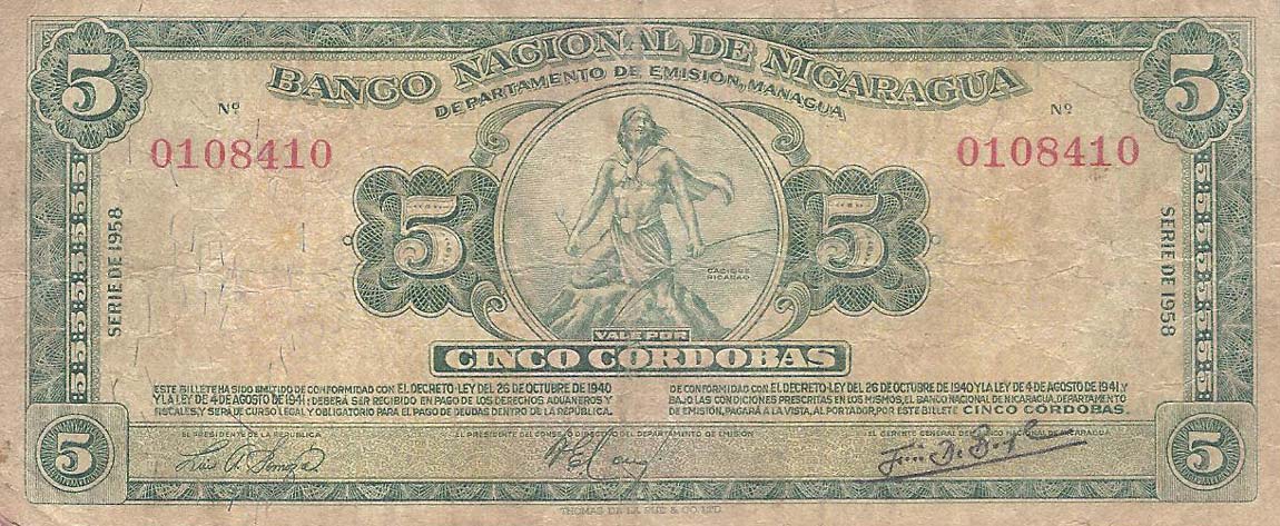 Front of Nicaragua p100b: 5 Cordobas from 1954