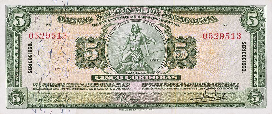 Front of Nicaragua p100c: 5 Cordobas from 1959