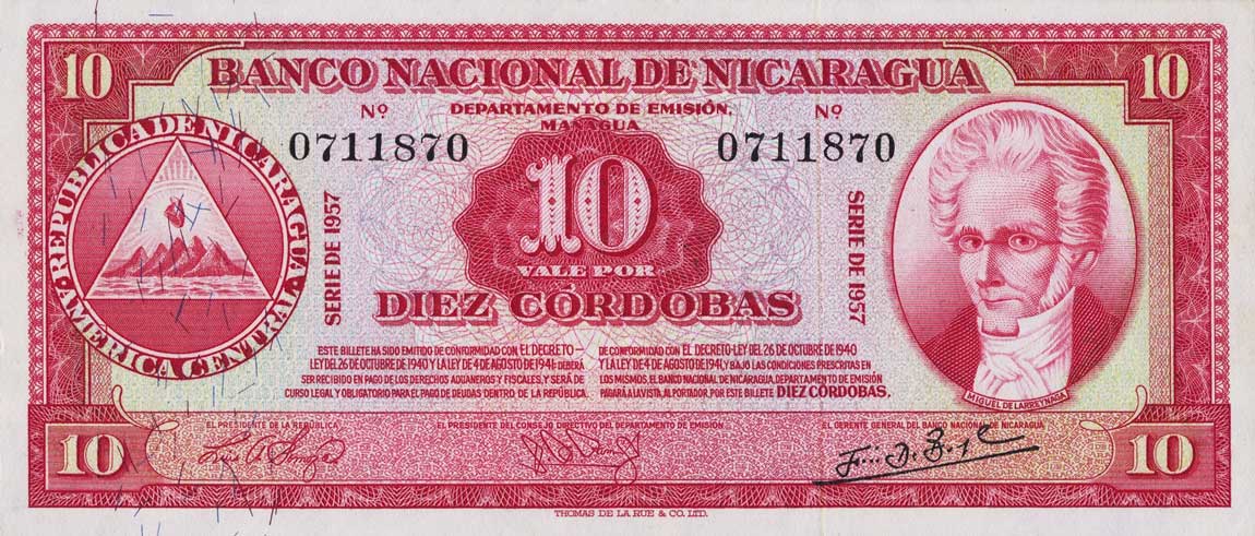 Front of Nicaragua p101a: 10 Cordobas from 1953