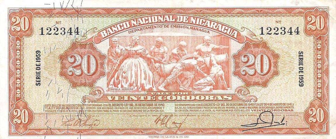 Front of Nicaragua p102b: 20 Cordobas from 1959