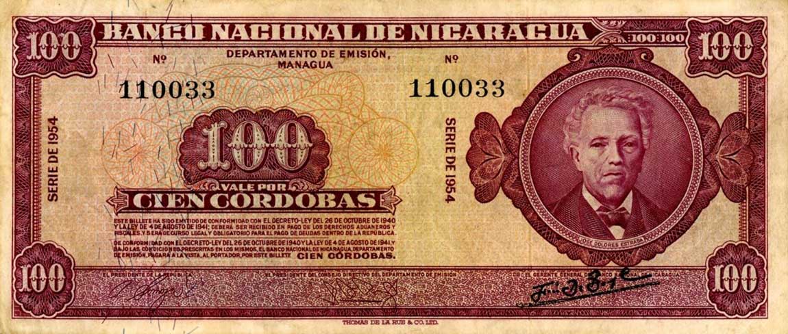 Front of Nicaragua p104a: 100 Cordobas from 1953