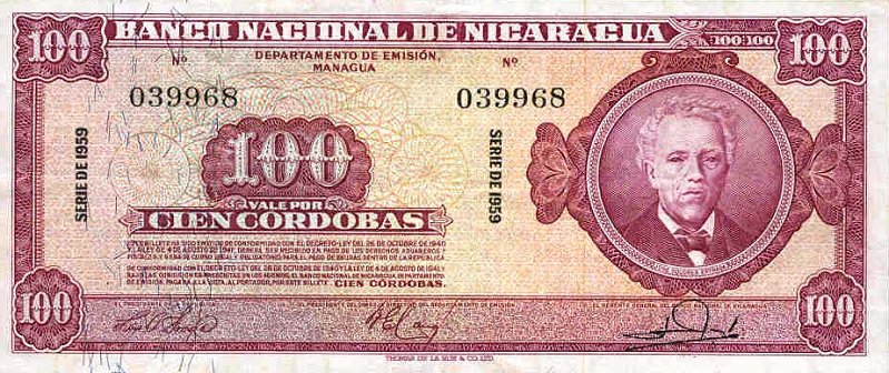Front of Nicaragua p104b: 100 Cordobas from 1959