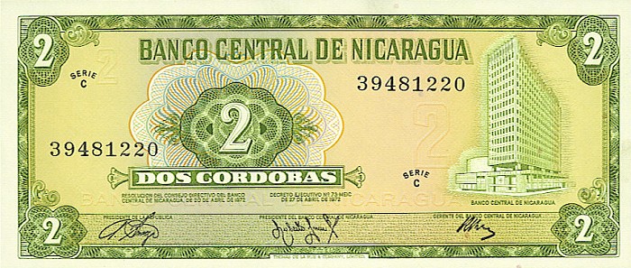 Front of Nicaragua p121a: 2 Cordobas from 1972